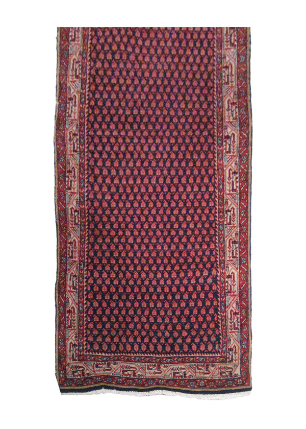 A23066 Caucasian Rug Azerbaijan Handmade Runner Tribal 3'2'' x 10'2'' -3x10- Blue Red Paisley Boteh Design