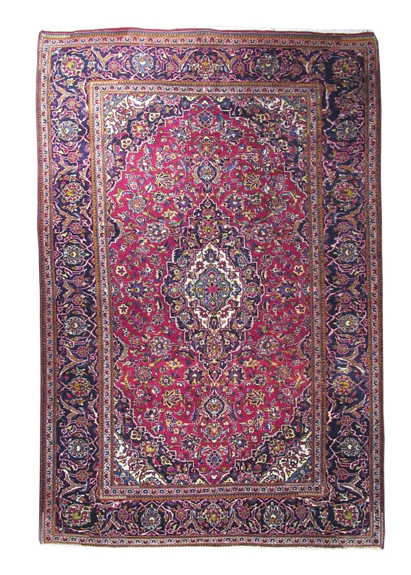 A23434 Persian Rug Kashan Handmade Area Traditional 6'7'' x 9'8'' -7x10- Red Blue Toranj Mehrab Floral Design