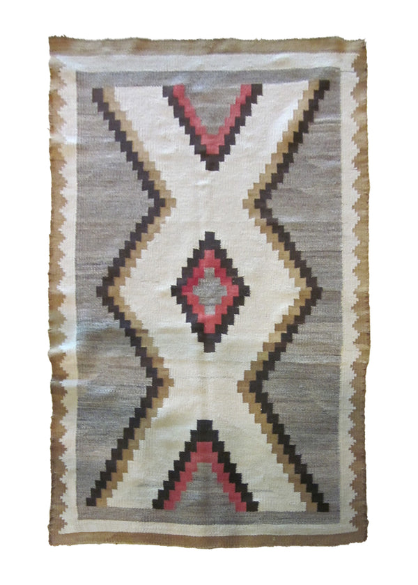 A23599 Native American Rug Navajo Handmade Area Tribal 3'6'' x 5'9'' -4x6- Gray Whites Beige Black Geometric Design