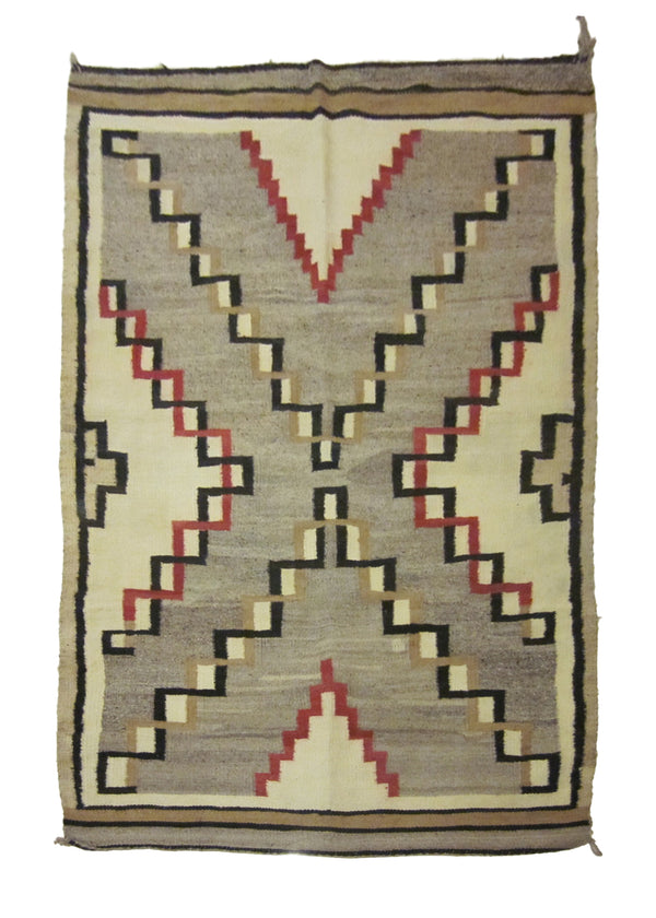 A23728 Native American Rug Navajo Handmade Area Tribal Antique 3'8'' x 5'3'' -4x5- Gray Whites Beige Red Geometric Design