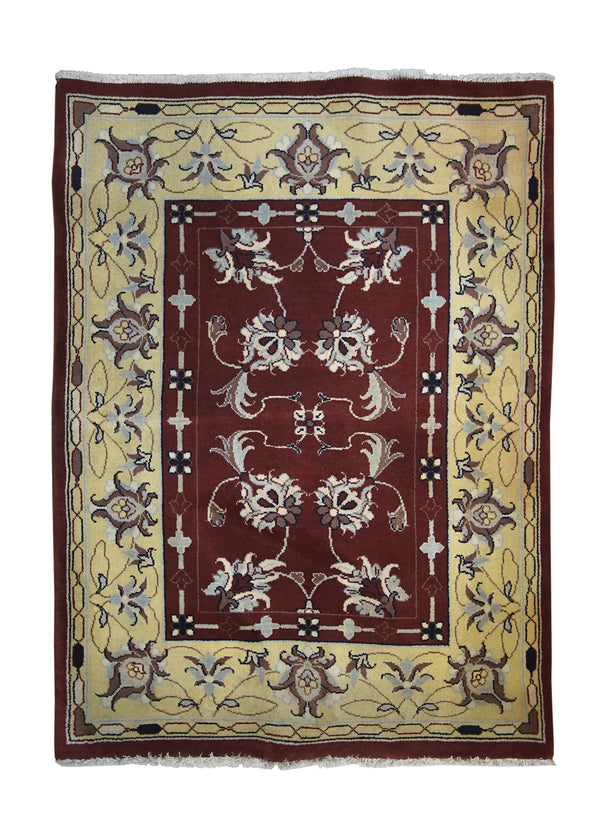 A23863 Persian Rug Mahal Handmade Area Tribal 3'9'' x 4'11'' -4x5- Red Yellow Gold Floral Design