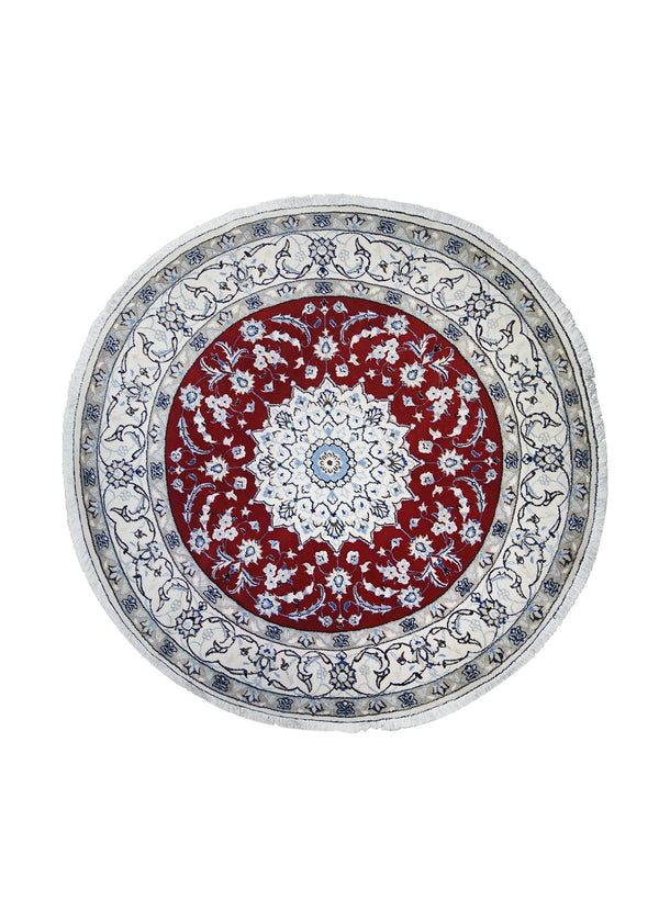 A23894 Persian Rug Tabas Handmade Round Traditional 5'8'' x 5'8'' -6x6- Red Whites Beige Blue Floral Design