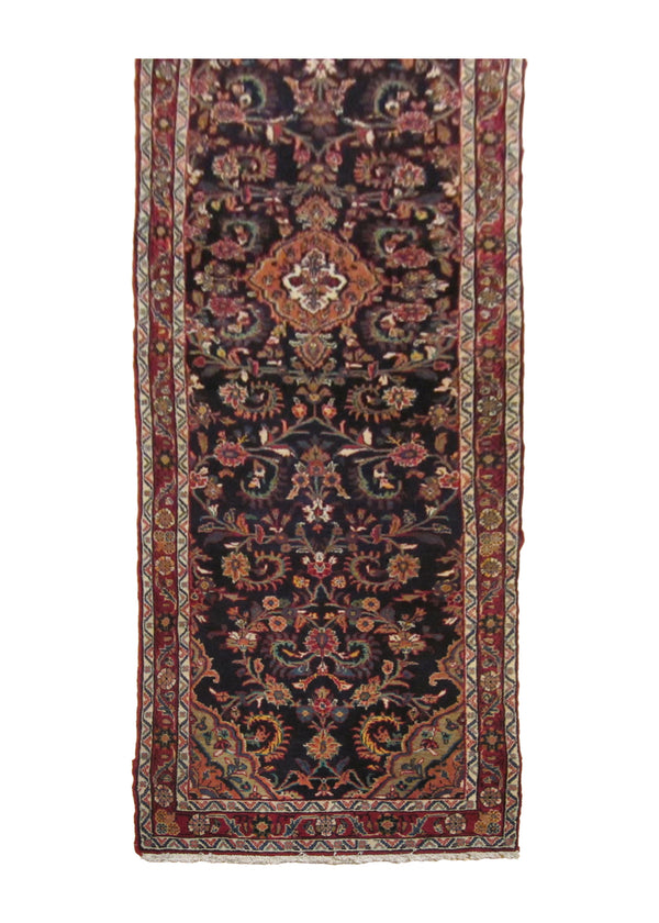 A23911 Persian Rug Hamadan Handmade Runner Tribal 3'4'' x 13'1'' -3x13- Blue Red Floral Design