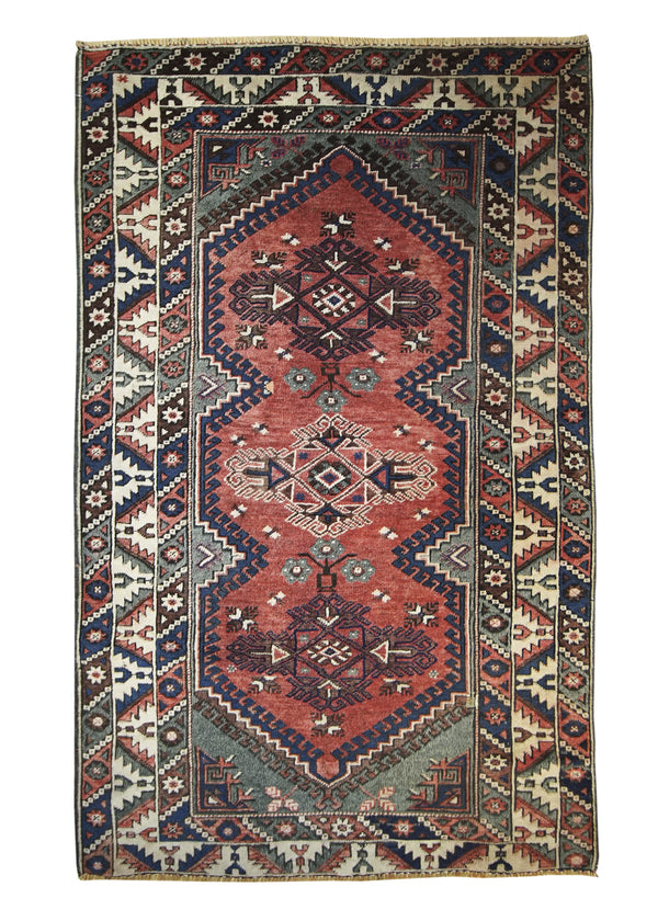 A24020 Oriental Rug Turkish Handmade Area Tribal 3'11'' x 6'6'' -4x7- Red Blue Geometric Design