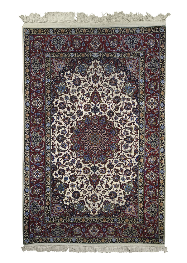 A24026 Persian Rug Isfahan Handmade Area Traditional 3'8'' x 5'6'' -4x6- Whites Beige Red Floral Design