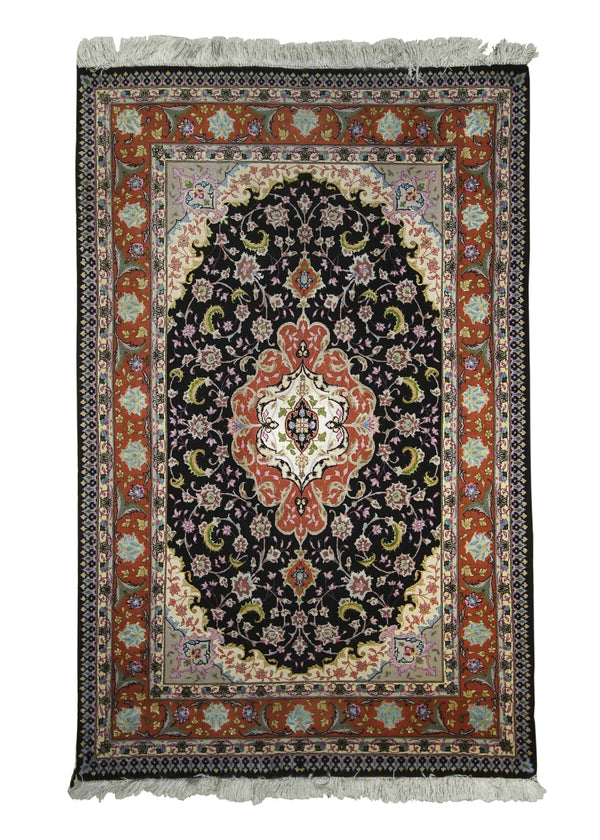 A24030 Persian Rug Tabriz Handmade Area Traditional 3'4'' x 5'2'' -3x5- Black Pink Floral Naghsh Design