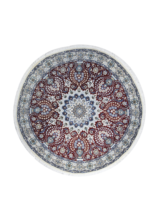 A24216 Persian Rug Nain Handmade Round Traditional 4'8'' x 4'8'' -5x5- Red Whites Beige Blue Floral Design
