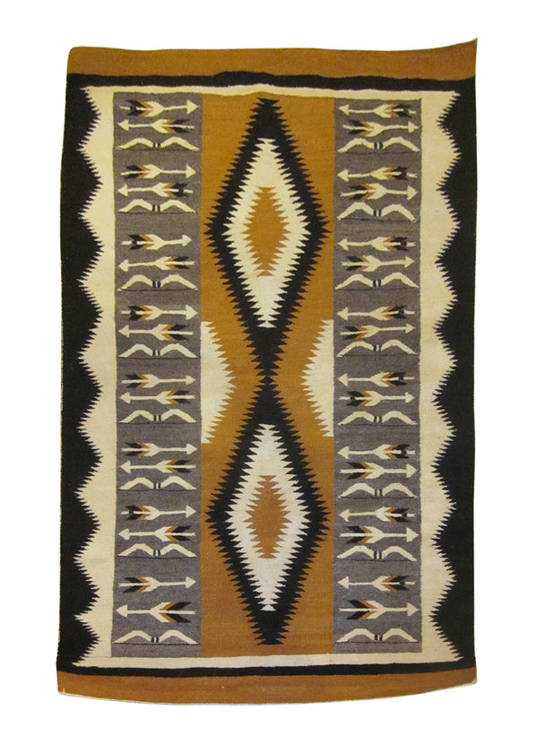 A24650 Native American Rug Navajo Handmade Area Tribal 3'5'' x 5'1'' -3x5- Brown Black Whites Beige Eye Dazzler Design