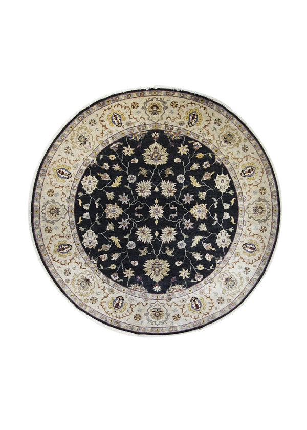 A24812 Oriental Rug Indian Handmade Round Traditional 7'8'' x 7'8'' -8x8- Black Whites Beige Tea Washed Design