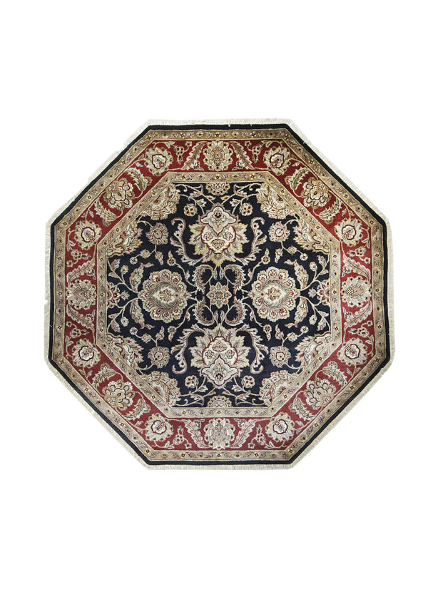 A24821 Oriental Rug Indian Handmade Round Traditional 7'10'' x 7'11'' -8x8- Black Red Octagon Tea Washed Floral Design