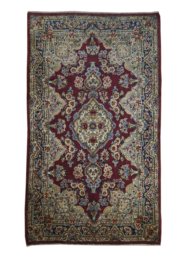 A24974 Persian Rug Lavar Kerman Handmade Area Traditional Antique 2'10'' x 5'0'' -3x5- Red Floral Design