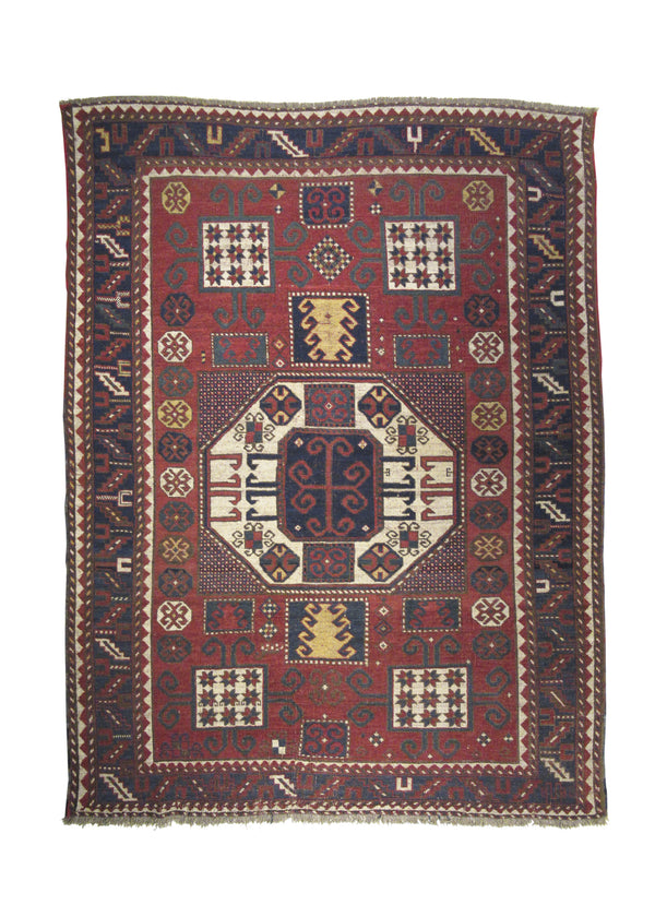 A25084 Caucasian Rug Kazak Handmade Area Tribal Antique 6'0'' x 7'10'' -6x8- Red Blue Karachopt Geometric Design