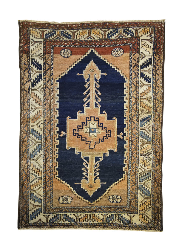 A25087 Persian Rug Kurdistan Handmade Area Tribal Antique 3'9'' x 5'2'' -4x5- Orange Blue Geometric Design