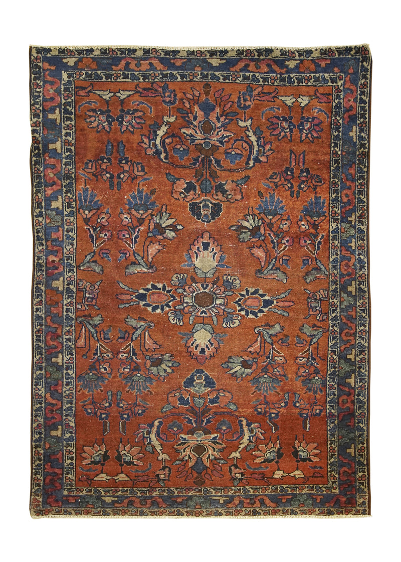 A25181 Persian Rug Lilihan Handmade Area Traditional Antique 3'6'' x 4'6'' -4x5- Red Blue Floral Design