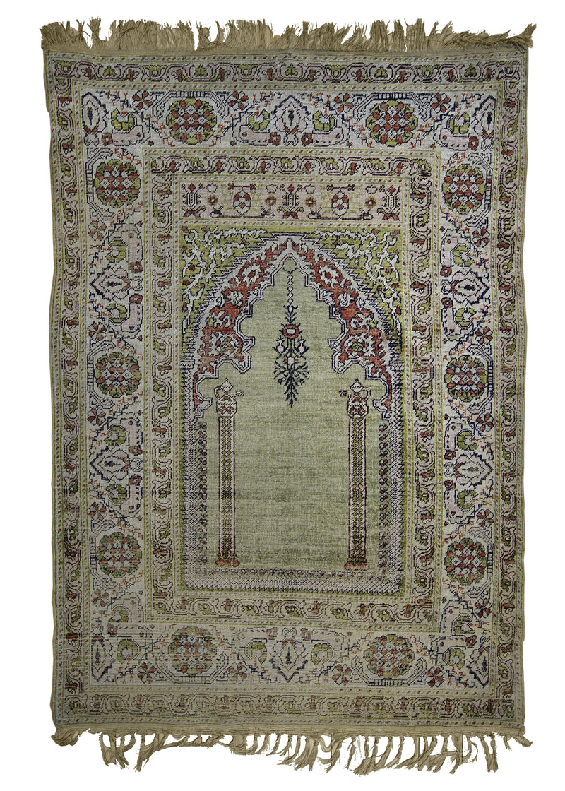 A25205 Oriental Rug Turkish Handmade Area Traditional Antique 3'9'' x 5'3'' -4x5- Green Whites Beige Kayzeri Prayer Rug Design