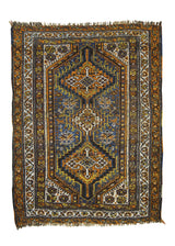 A25208 Persian Rug Shiraz Handmade Area Tribal Vintage 3'5'' x 4'5'' -3x4- Blue Whites Beige Orange Geometric Design