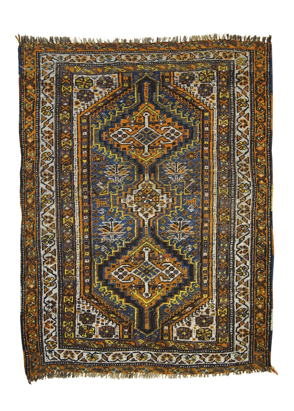 A25208 Persian Rug Shiraz Handmade Area Tribal Vintage 3'5'' x 4'5'' -3x4- Blue Whites Beige Orange Geometric Design