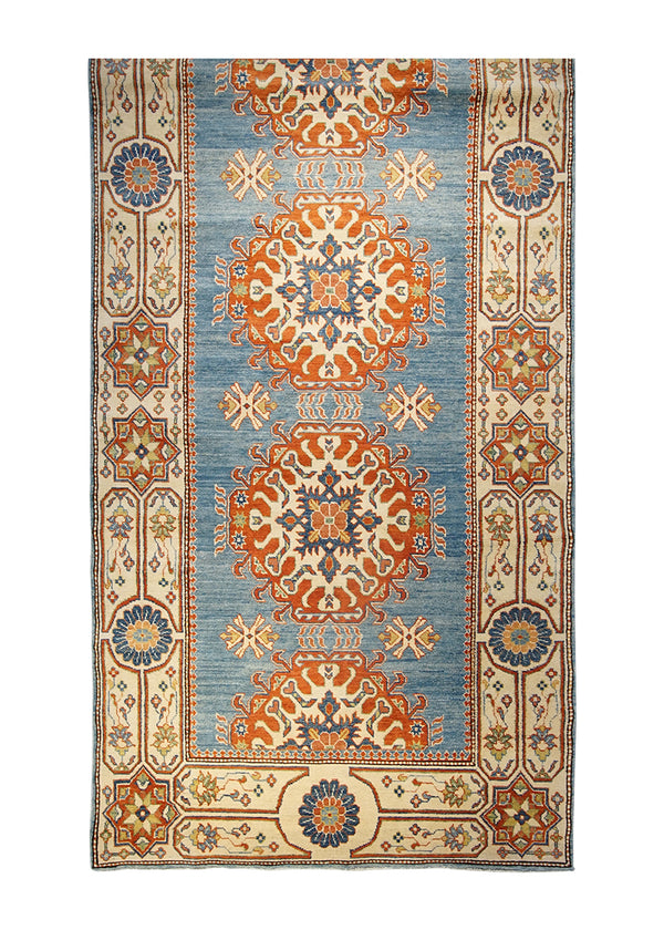 A25249 Oriental Rug Pakistani Handmade Runner Transitional Tribal 5'0'' x 9'5'' -5x9- Blue Whites Beige Red Antique Washed Kazak Geometric Design