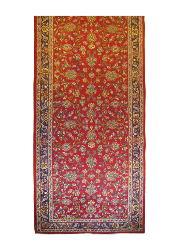 A25303 Persian Rug Kashan Handmade Runner Traditional 3'7'' x 12'7'' -4x13- Red Blue Floral Design
