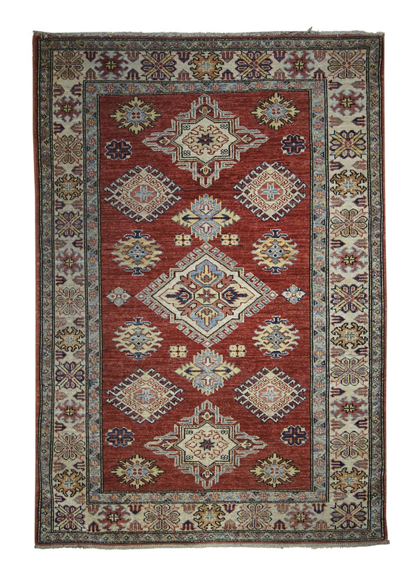 A25361 Oriental Rug Pakistani Handmade Area Transitional Tribal 4'0'' x 5'9'' -4x6- Red Whites Beige Blue Kazak Geometric Design