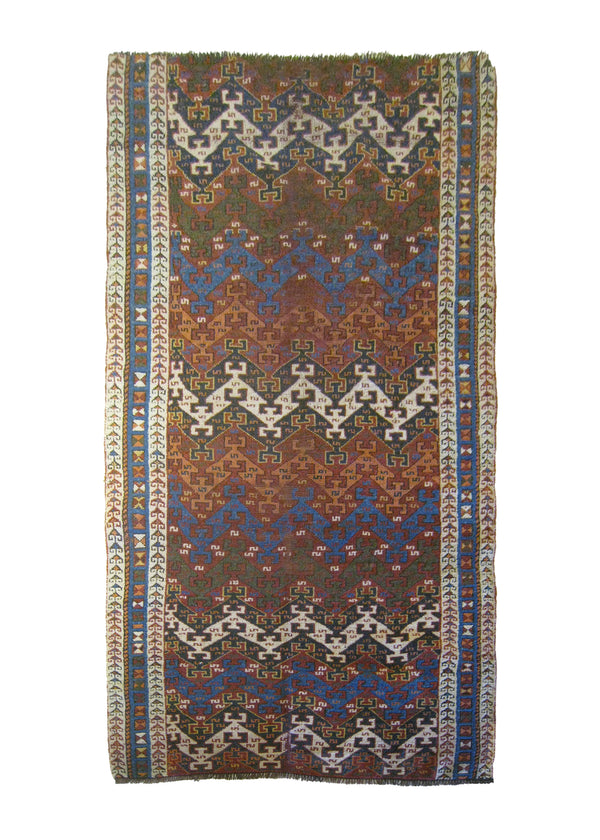 A25406 Caucasian Rug Shirvan Handmade Runner Tribal Antique 3'7'' x 7'1'' -4x7- Multi-color Red Blue Geometric Design