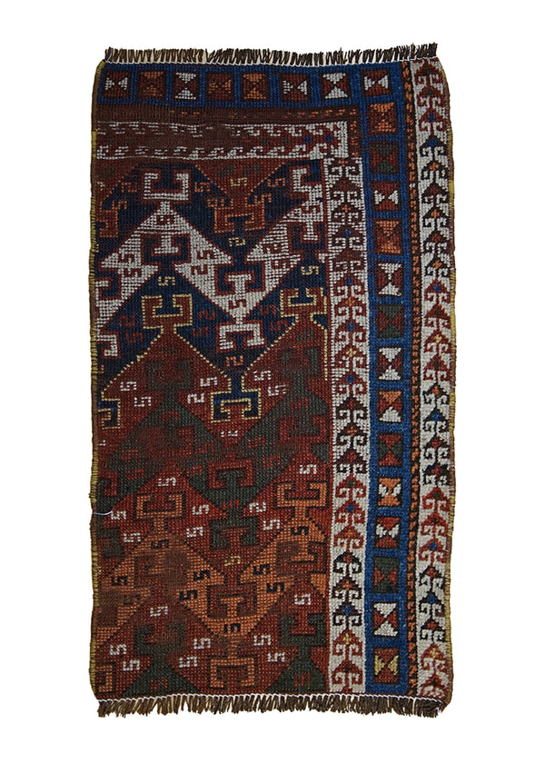 A25409 Caucasian Rug Handmade Area Tribal Antique 1'7'' x 3'3'' -2x3- Red Blue Geometric Partition Design