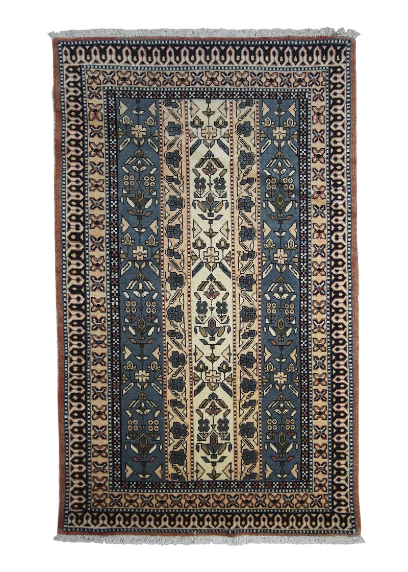 A25453 Persian Rug Ardabil Handmade Area Tribal Vintage 3'0'' x 4'11'' -3x5- Blue Whites Beige Geometric Design