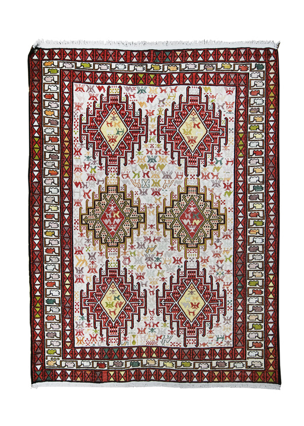 A25556 Persian Rug Azerbaijan Handmade Area Tribal 3'6'' x 4'4'' -4x4- Whites Beige Red Yellow Gold Geometric Kilim Design