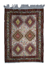 A25558 Persian Rug Azerbaijan Handmade Area Tribal 3'4'' x 4'4'' -3x4- Whites Beige Red Yellow Gold Geometric Kilim Design