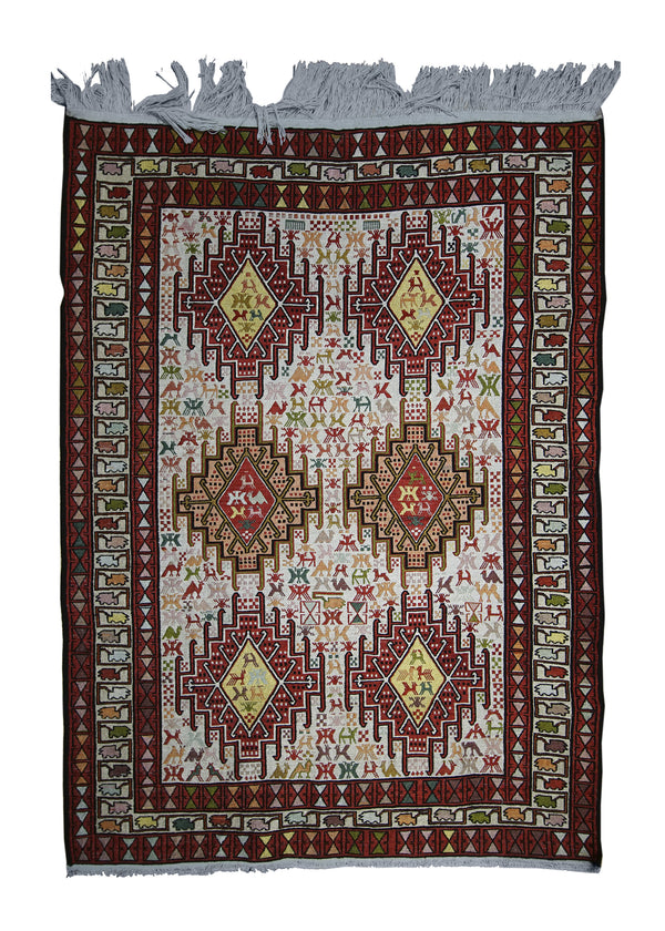 A25558 Persian Rug Azerbaijan Handmade Area Tribal 3'4'' x 4'4'' -3x4- Whites Beige Red Yellow Gold Geometric Kilim Design