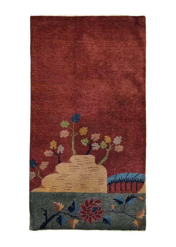 A25626 Oriental Rug Chinese Handmade Area Traditional Antique 3'0'' x 5'6'' -3x6- Red Blue Art Deco Floral Design