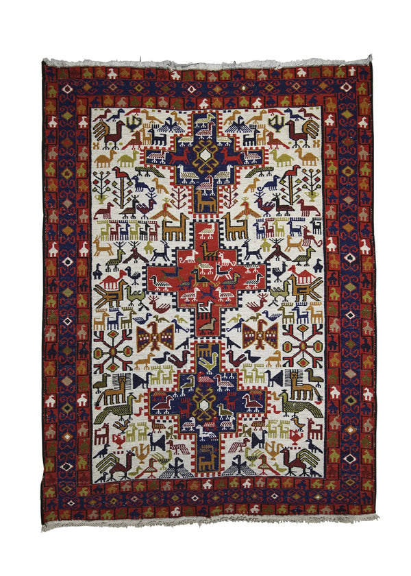 A25650 Persian Rug Azerbaijan Handmade Area Tribal 3'6'' x 4'9'' -4x5- Whites Beige Blue Red Geometric Kilim Design