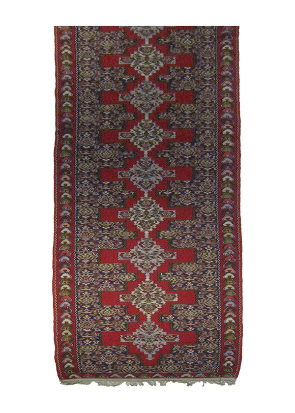 A25754 Persian Rug Senneh Handmade Runner Tribal 2'11'' x 11'3'' -3x11- Red Blue Geometric Kilim Design