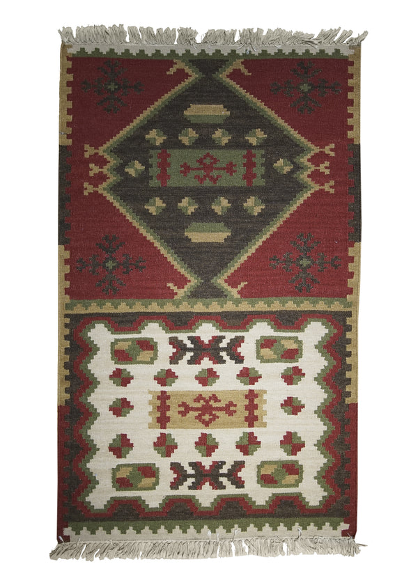 A25906 Oriental Rug Indian Handmade Area Transitional 3'0'' x 5'0'' -3x5- Red Green Whites Beige Dhurrie Geometric Design