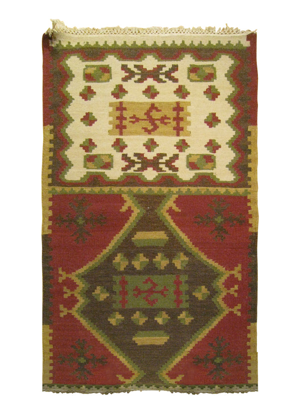 A25907 Oriental Rug Indian Handmade Area Transitional 3'0'' x 5'0'' -3x5- Red Green Whites Beige Dhurrie Geometric Design