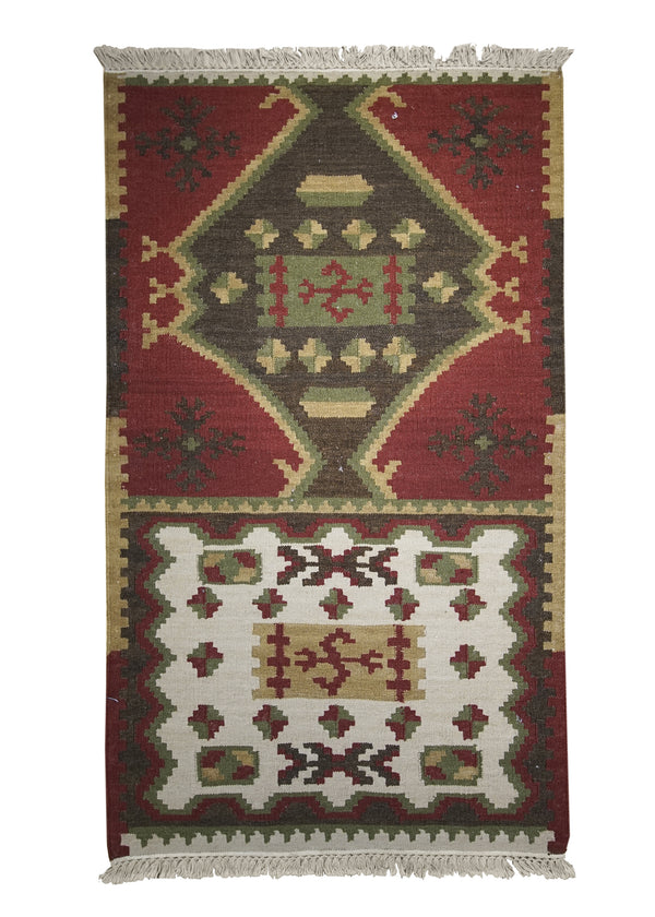 A25908 Oriental Rug Indian Handmade Area Transitional 3'0'' x 5'0'' -3x5- Red Green Whites Beige Dhurrie Geometric Design