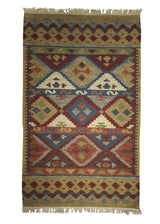 A25912 Oriental Rug Indian Handmade Area Transitional 3'0'' x 5'0'' -3x5- Brown Red Multi-color Dhurrie Geometric Design