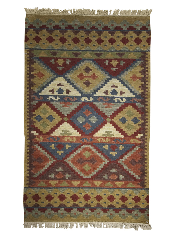 A25912 Oriental Rug Indian Handmade Area Transitional 3'0'' x 5'0'' -3x5- Brown Red Multi-color Dhurrie Geometric Design