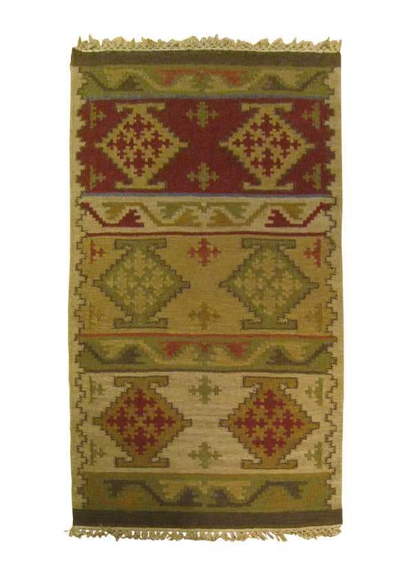 A25915 Oriental Rug Indian Handmade Area Transitional 3'0'' x 5'0'' -3x5- Whites Beige Red Green Dhurrie Geometric Design
