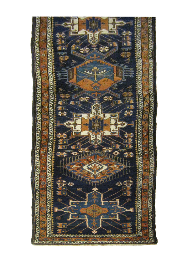 A26034 Caucasian Rug Gharabagh Handmade Runner Tribal Antique 3'3'' x 14'8'' -3x15- Blue Orange Geometric Design