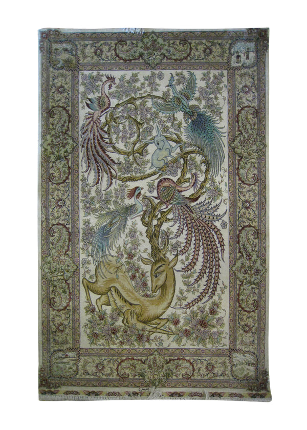 A26071 Oriental Rug Turkish Handmade Area Traditional 3'1'' x 4'7'' -3x5- Whites Beige Green Pictorial Animals Design
