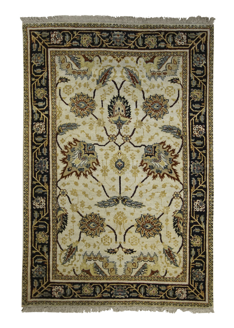 A26079 Oriental Rug Indian Handmade Area Transitional 3'11'' x 5'10'' -4x6- Whites Beige Black Yellow Gold Floral Oushak Design