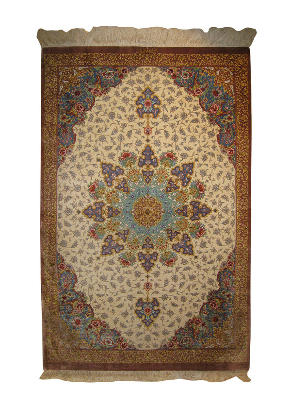 A26224 Persian Rug Qum Handmade Area Traditional 2'7'' x 3'9'' -3x4- Whites Beige Purple Blue Mohammadfaani Floral Design