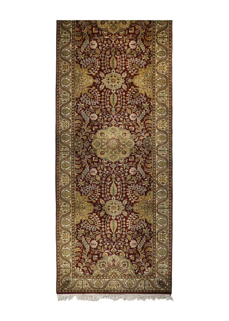 A26403 Oriental Rug Indian Handmade Runner Transitional 3'2'' x 13'9'' -3x14- Red Whites Beige Tea Washed Floral Design