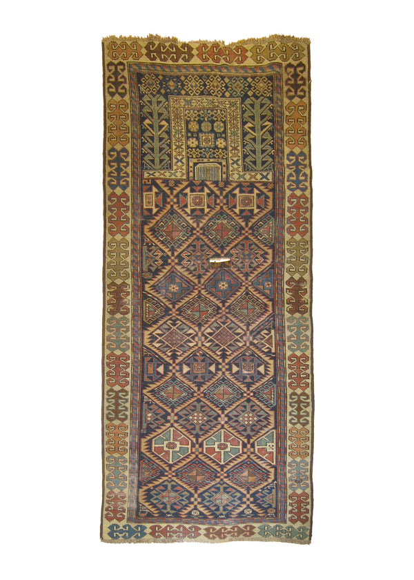 A26536 Caucasian Rug Shirvan Handmade Area Tribal Antique 2'11'' x 5'5'' -3x5- Blue Whites Beige Red Prayer Rug Design