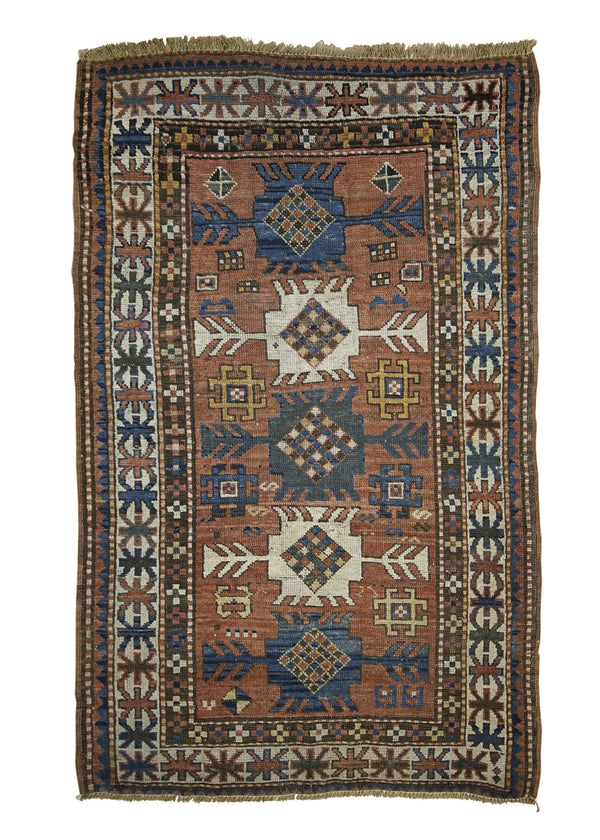 A26553 Persian Rug Kurdistan Handmade Area Tribal Antique 3'4'' x 5'10'' -3x6- Red Whites Beige Blue Geometric Design