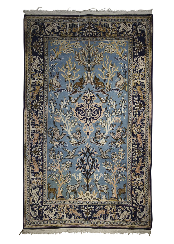 A26555 Persian Rug Qum Handmade Area Traditional 3'7'' x 5'10'' -4x6- Blue Whites Beige Tree of Life Animals Design