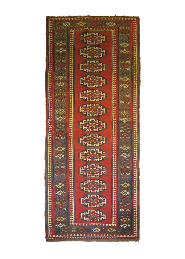 A26559 Caucasian Rug Kazak Handmade Runner Tribal Antique 3'6'' x 10'4'' -4x10- Red Blue Geometric Design