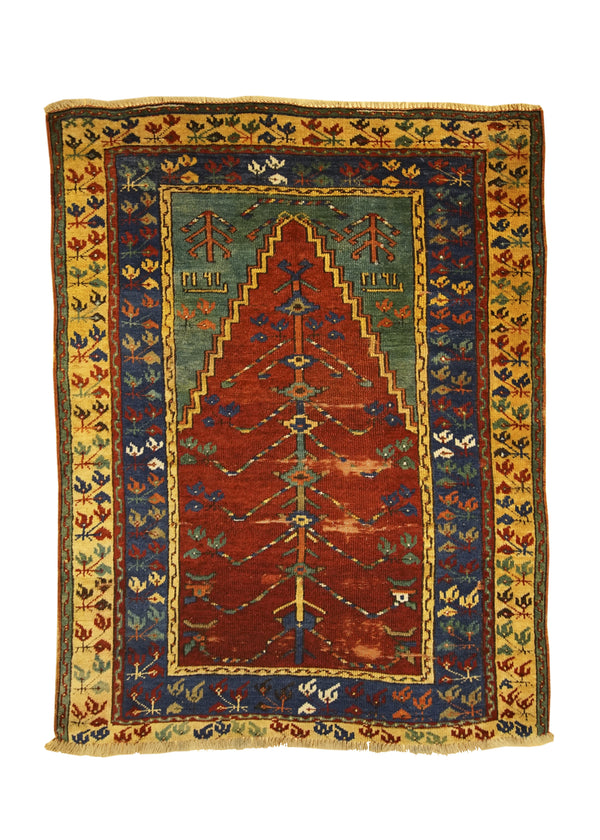 A26568 Oriental Rug Turkish Handmade Area Tribal Antique 3'8'' x 4'10'' -4x5- Red Yellow Gold Blue Prayer Rug Design