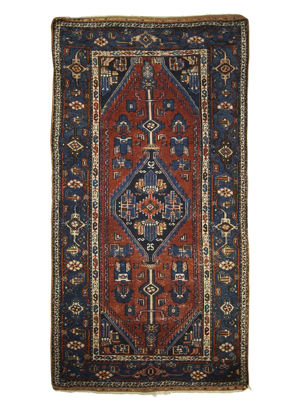 A26576 Persian Rug Malayer Handmade Area Tribal Antique 3'8'' x 6'7'' -4x7- Red Blue Geometric Design